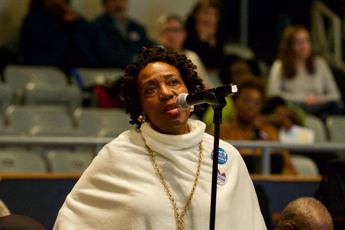 Donna Jones speaking at a public education meeting